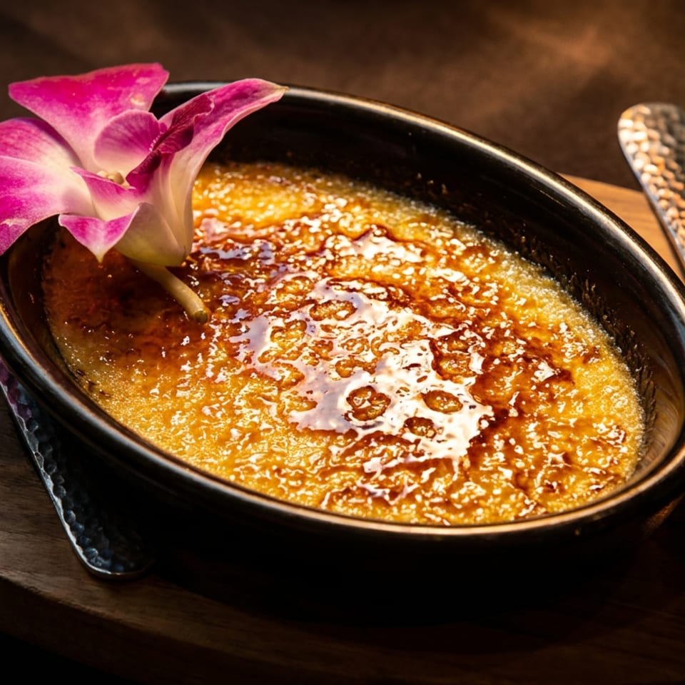 Caramelized creme brulee in an oval dish, garnished with a pink orchid, served on a wooden board with spoons.