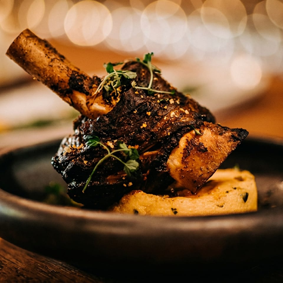Dark roasted bone-in meat with herbs and spices on a black plate.