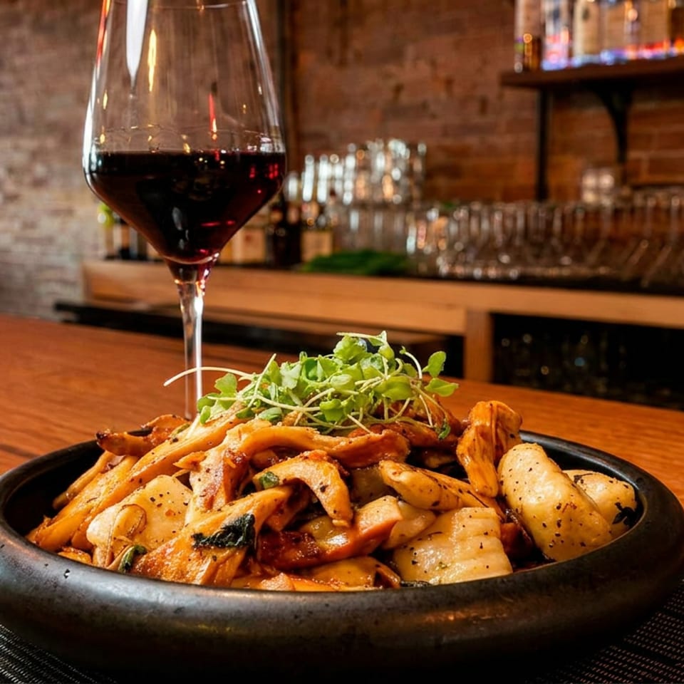 Sautéed mushrooms and gnocchi with microgreens and red wine on a bar counter.