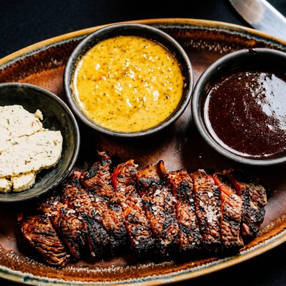 Sliced grilled steak with charred edges, herb butter, yellow mustard sauce, and dark dipping sauce on a rustic platter.