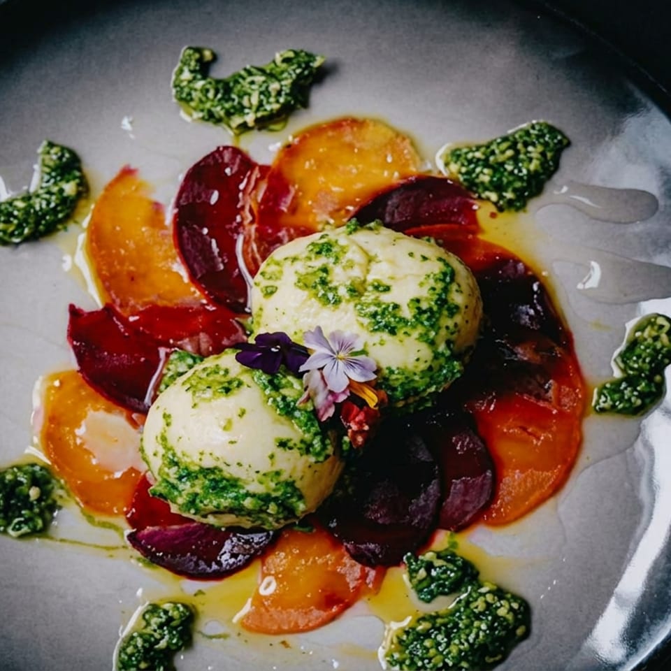 Two pesto-drizzled white spheres on vibrant red and orange beet slices, garnished with flowers.